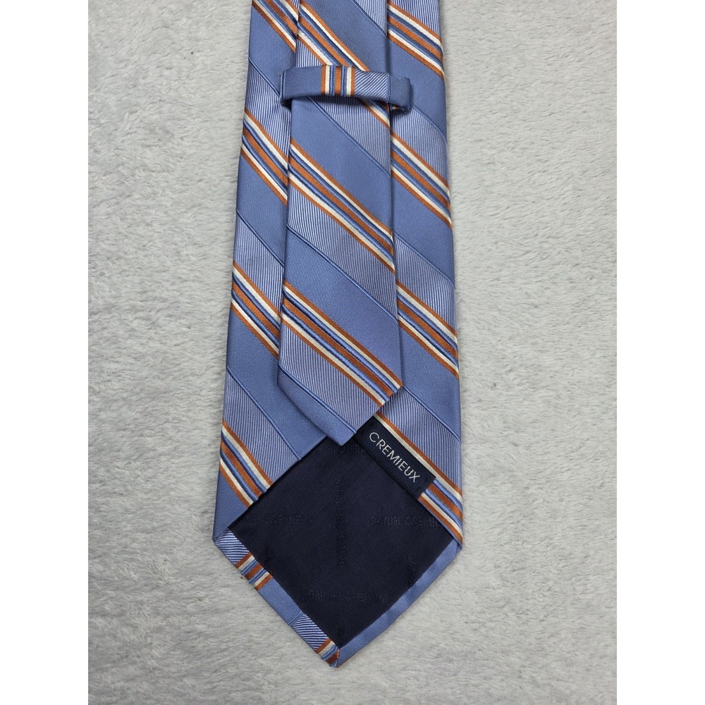Cremieux 100% Silk Tie Blue Orange Diagonal Stripe Handmade USA Classic Mens...